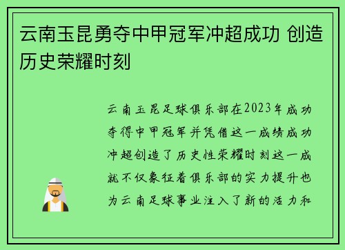 云南玉昆勇夺中甲冠军冲超成功 创造历史荣耀时刻 云南玉昆勇夺中甲冠军冲超成功 创造历史荣耀时刻