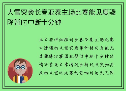 大雪突袭长春亚泰主场比赛能见度骤降暂时中断十分钟 大雪突袭长春亚泰主场比赛能见度骤降暂时中断十分钟